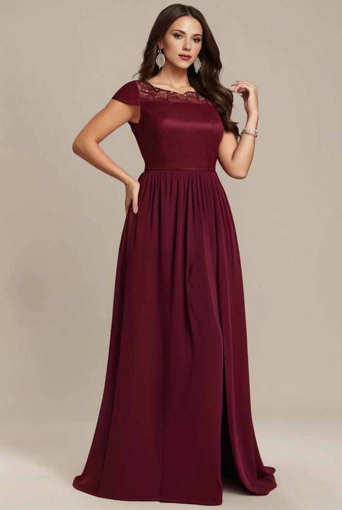elegant chiffon maxi evening dress with lace cap sleeve 124719