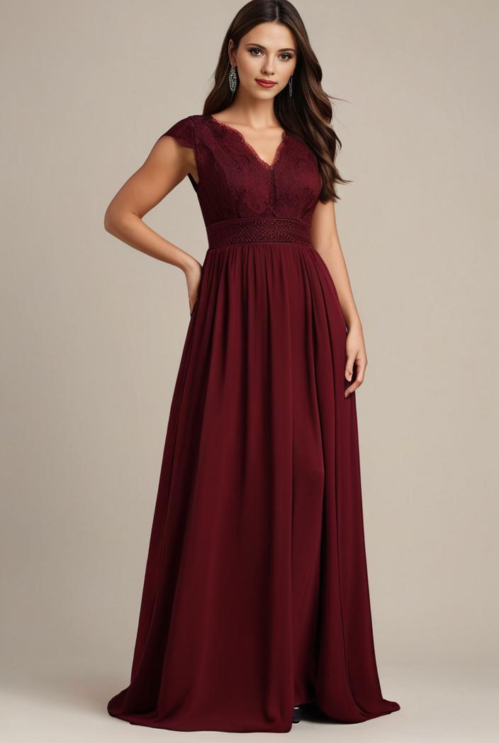 elegant chiffon maxi evening dress with lace cap sleeve 124720