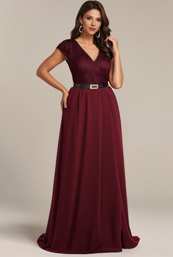 elegant chiffon maxi evening dress with lace cap sleeve 124721