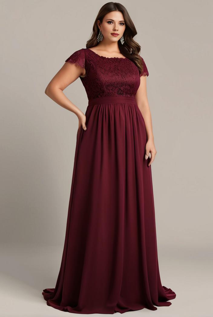 elegant chiffon maxi evening dress with lace cap sleeve 124722