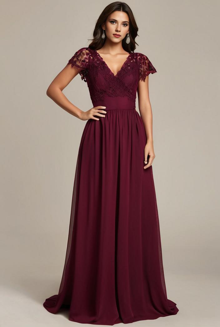 elegant chiffon maxi evening dress with lace cap sleeve 124723