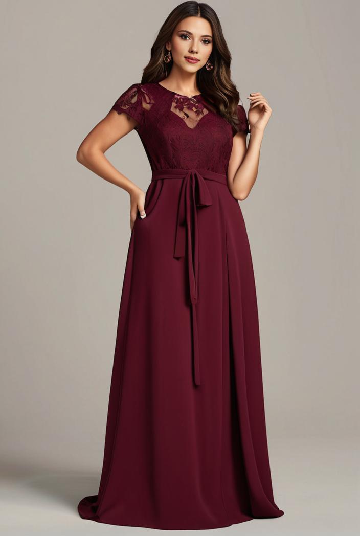 elegant chiffon maxi evening dress with lace cap sleeve 124724