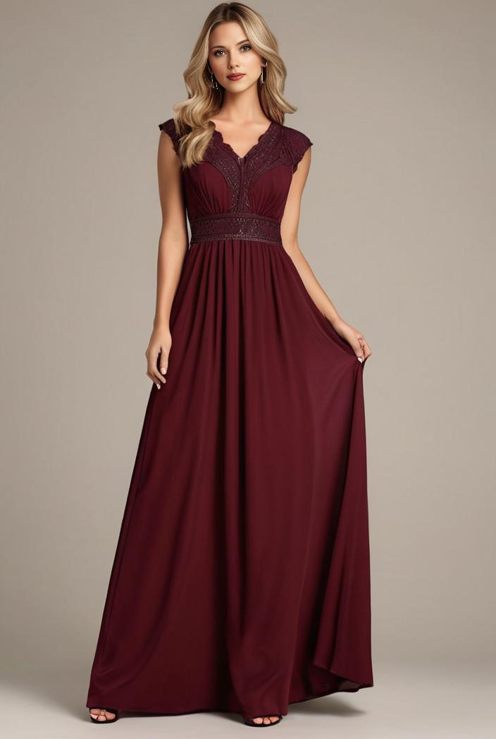 elegant chiffon maxi evening dress with lace cap sleeve 124727