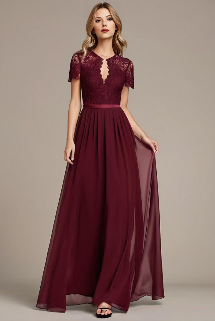 elegant chiffon maxi evening dress with lace cap sleeve 124728
