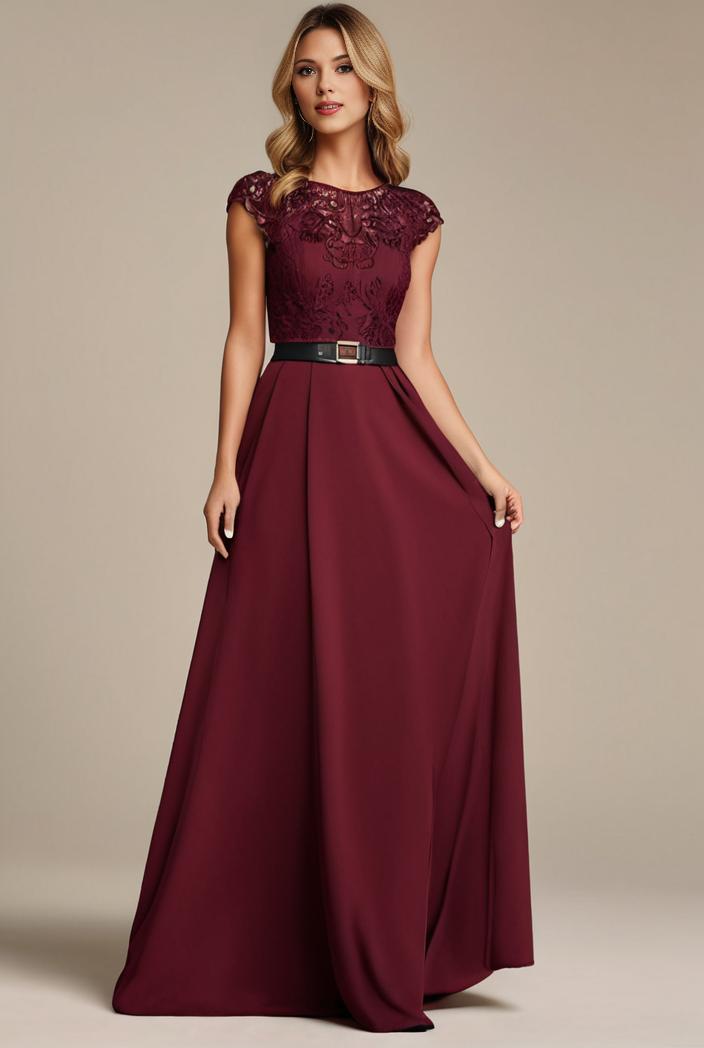 elegant chiffon maxi evening dress with lace cap sleeve 124729