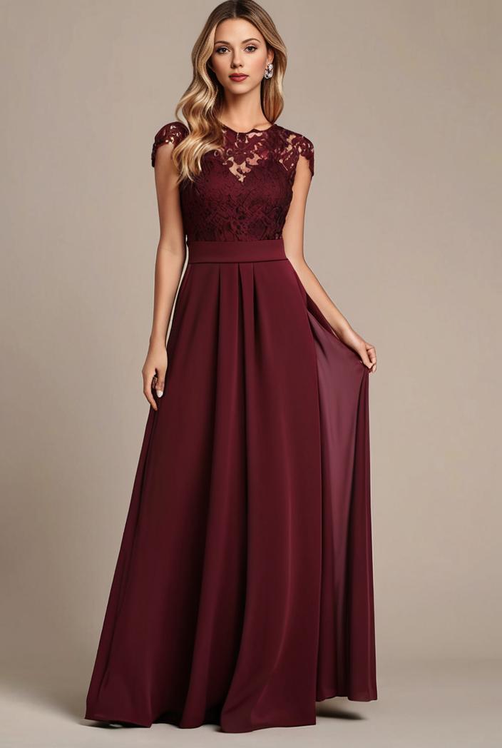 elegant chiffon maxi evening dress with lace cap sleeve 124730
