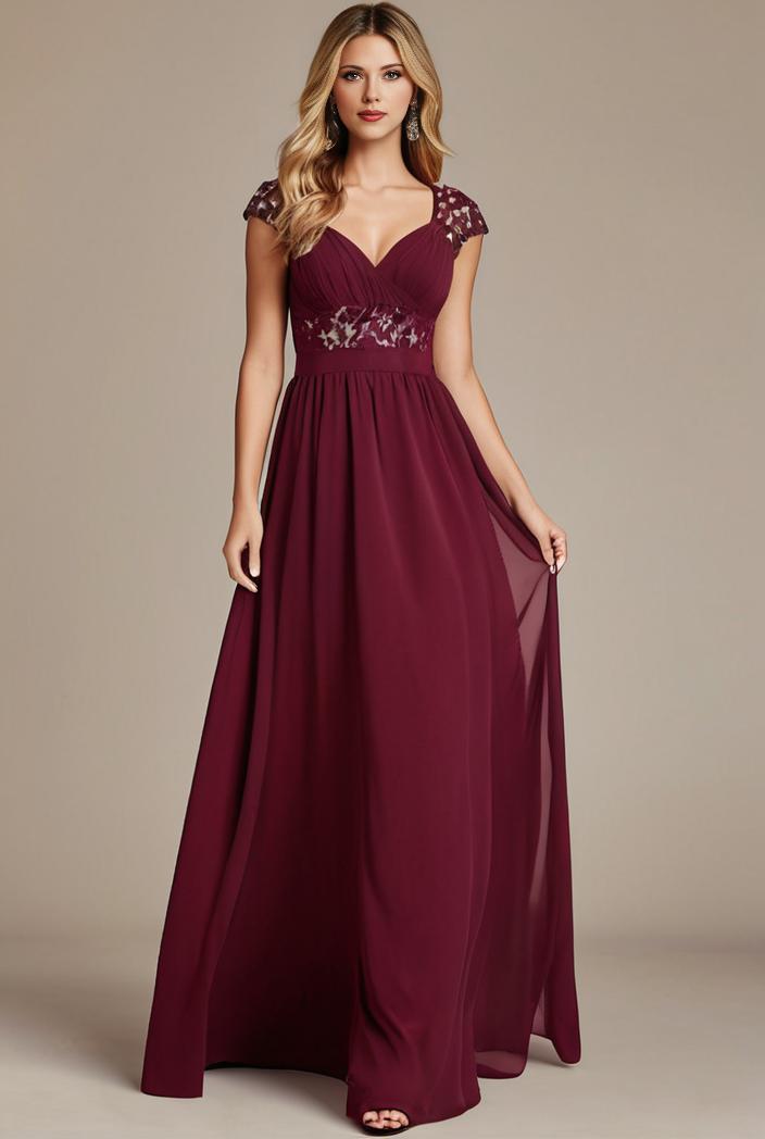 elegant chiffon maxi evening dress with lace cap sleeve 124731