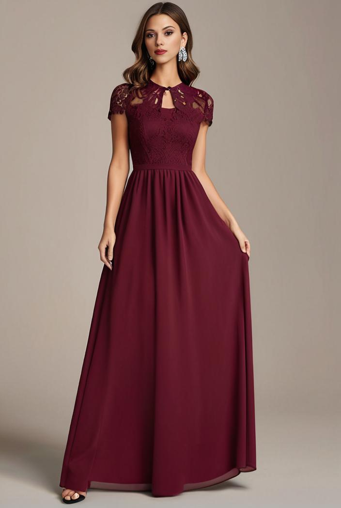 elegant chiffon maxi evening dress with lace cap sleeve 124732