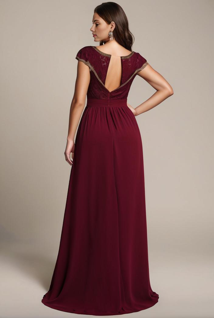 elegant chiffon maxi evening dress with lace cap sleeve 124733
