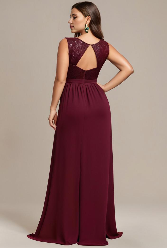 elegant chiffon maxi evening dress with lace cap sleeve 124734