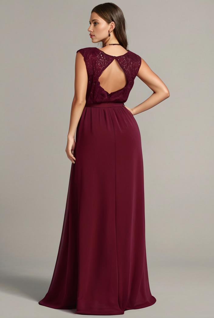 elegant chiffon maxi evening dress with lace cap sleeve 124736