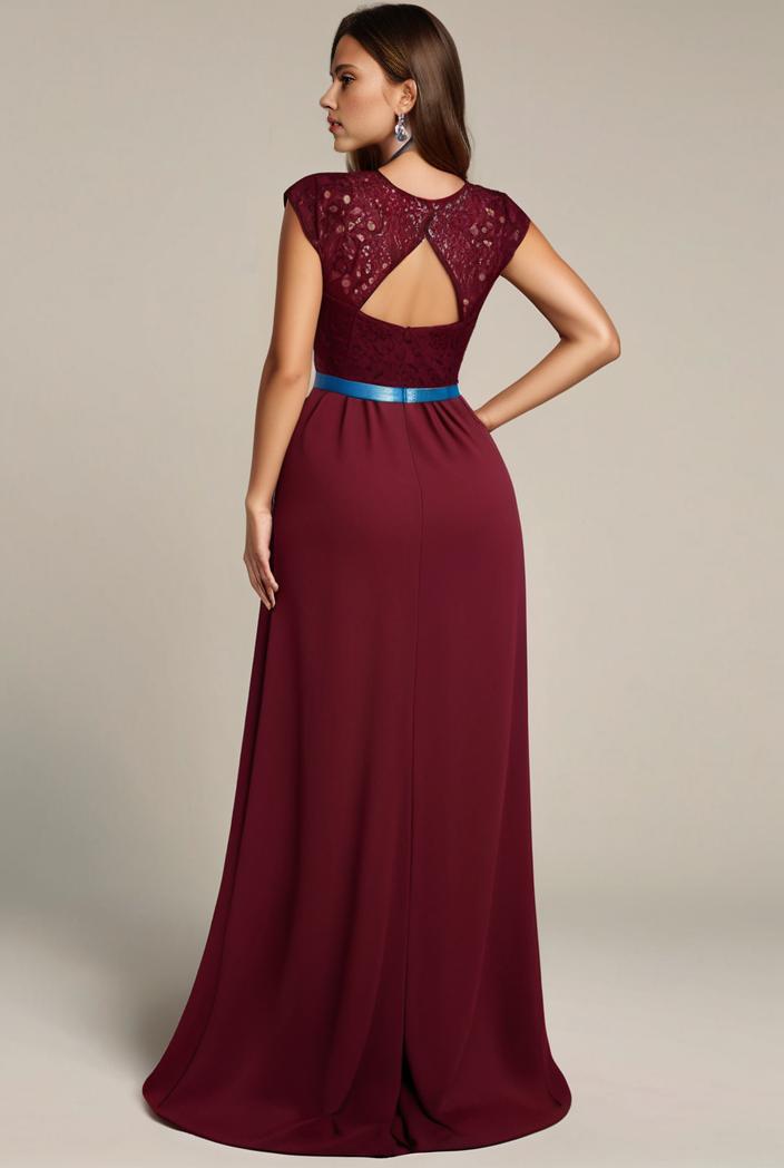 elegant chiffon maxi evening dress with lace cap sleeve 124737