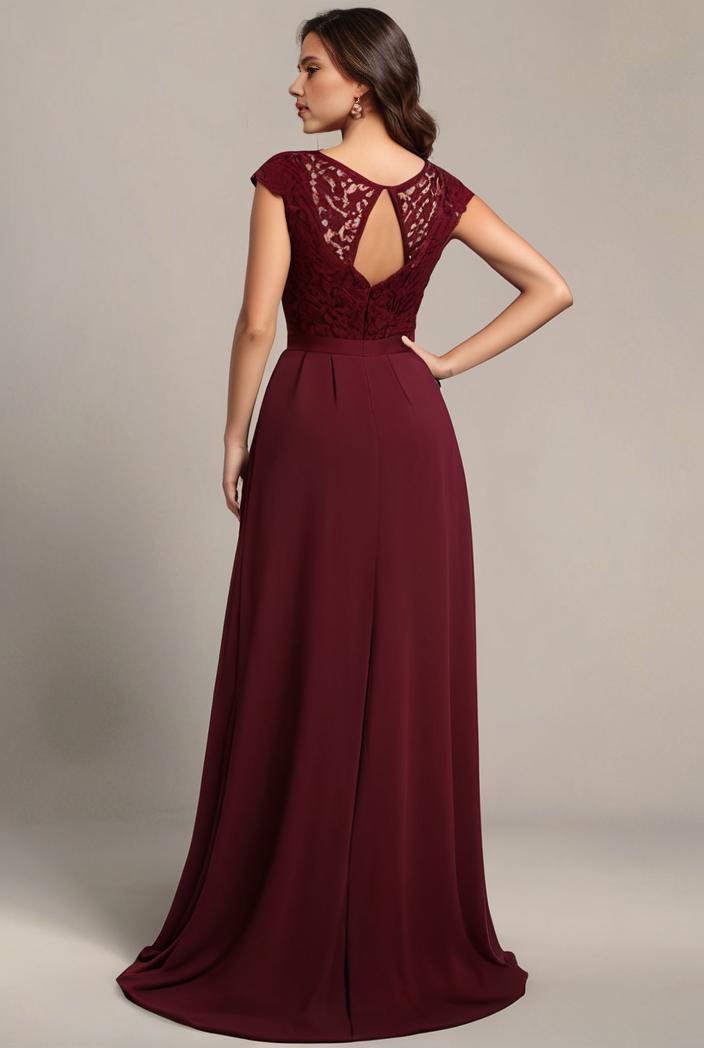 elegant chiffon maxi evening dress with lace cap sleeve 124738
