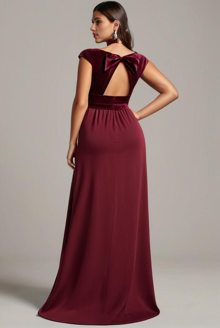 elegant chiffon maxi evening dress with lace cap sleeve 124740