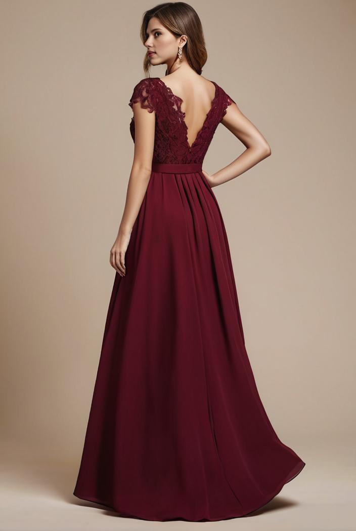 elegant chiffon maxi evening dress with lace cap sleeve 124749