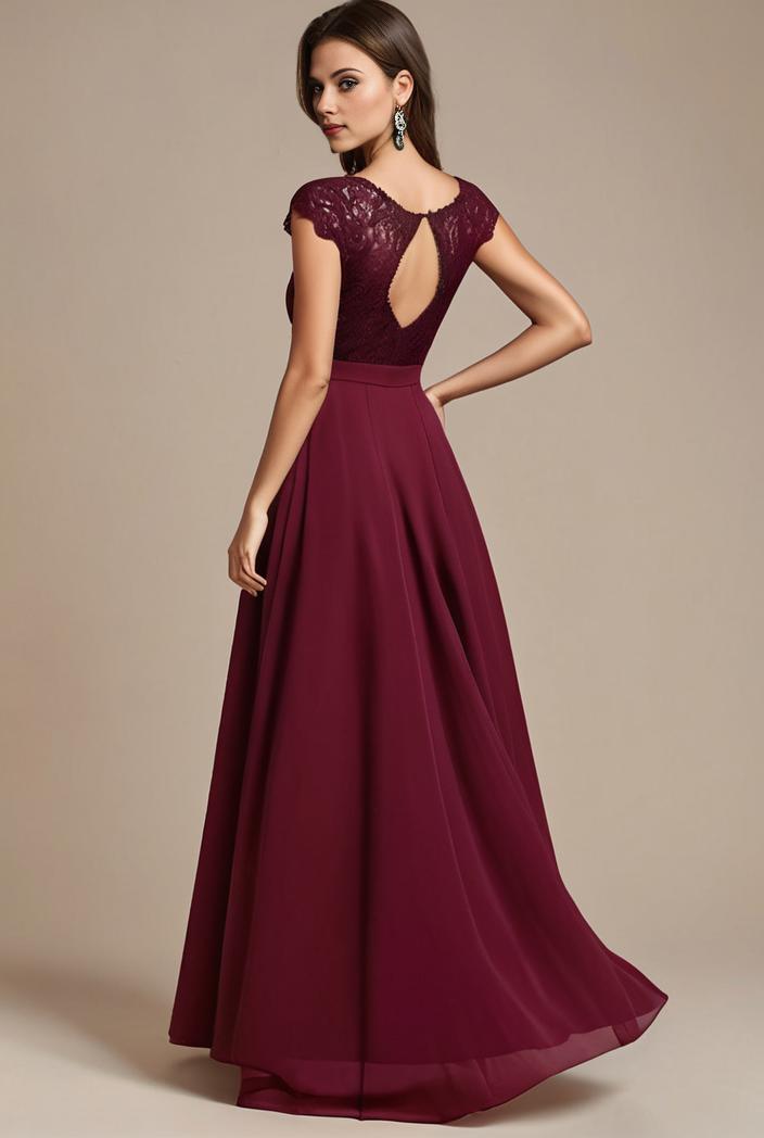 elegant chiffon maxi evening dress with lace cap sleeve 124750
