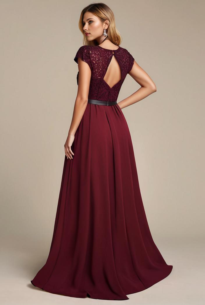 elegant chiffon maxi evening dress with lace cap sleeve 124753