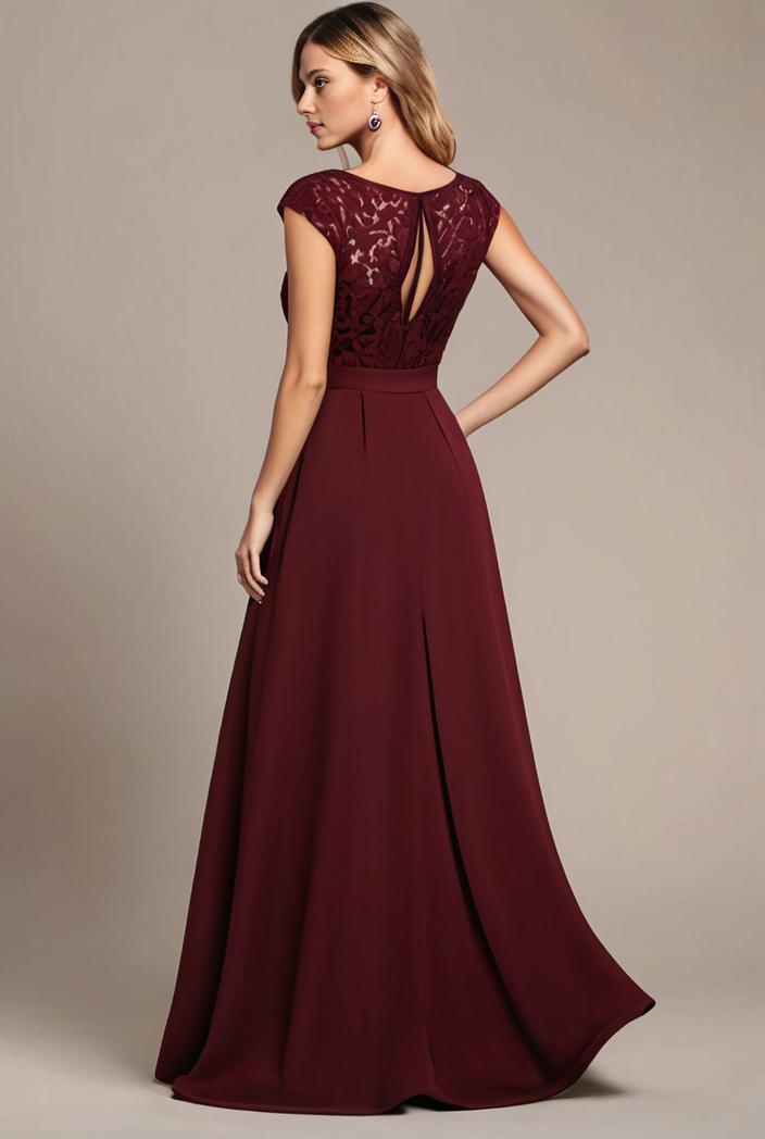 elegant chiffon maxi evening dress with lace cap sleeve 124754