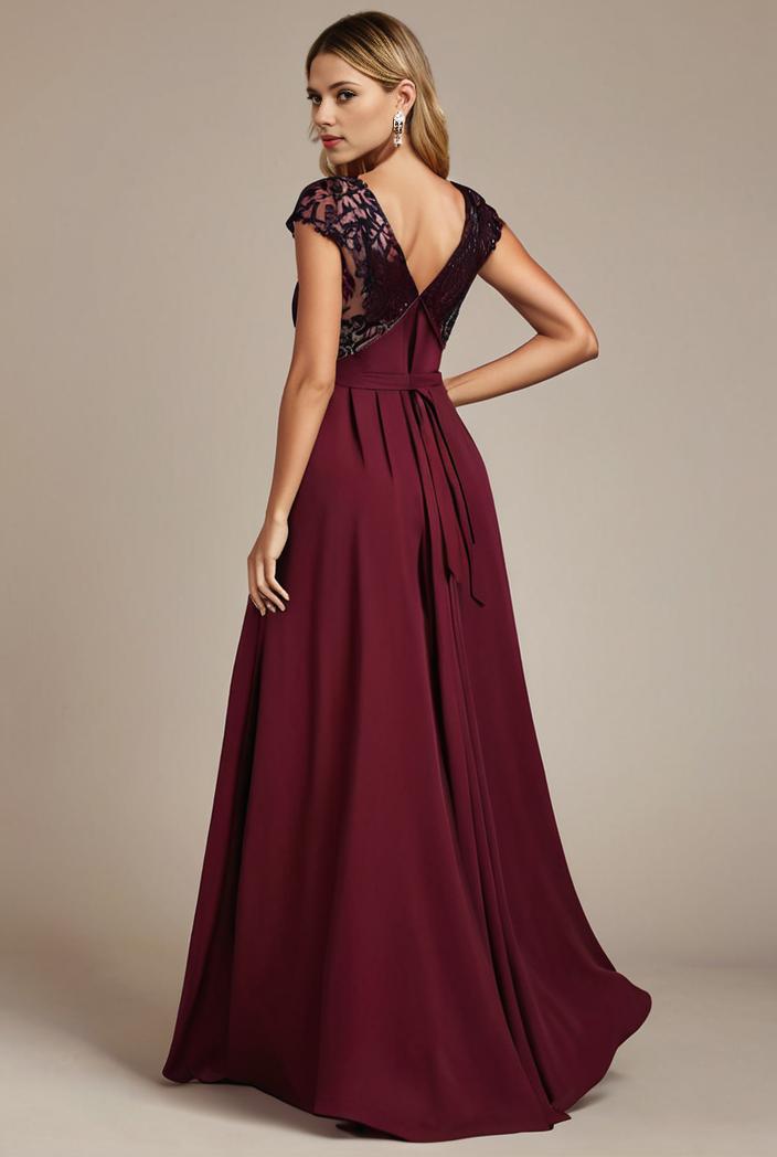 elegant chiffon maxi evening dress with lace cap sleeve 124755