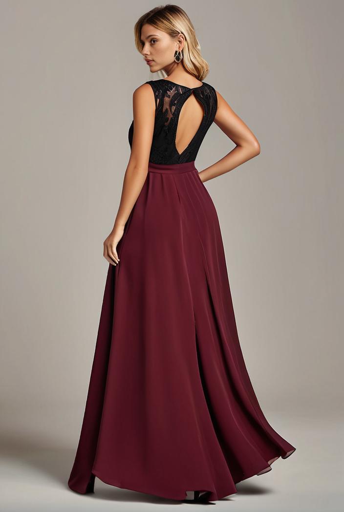 elegant chiffon maxi evening dress with lace cap sleeve 124756