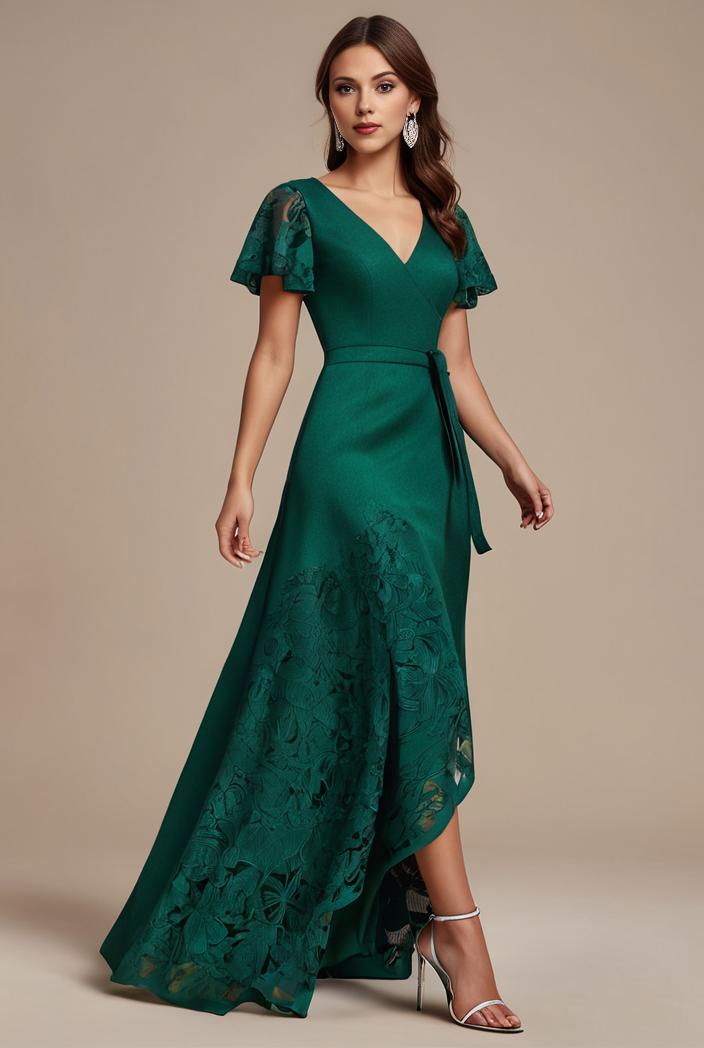 glitter high low front side slit ruffled v neck evening dress 131444