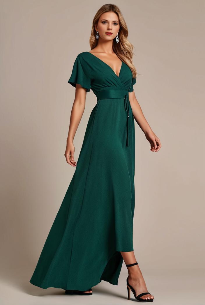 glitter high low front side slit ruffled v neck evening dress 131449