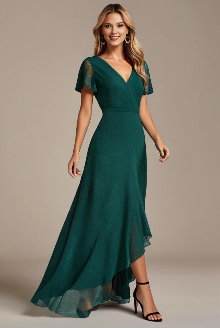 glitter high low front side slit ruffled v neck evening dress 131451