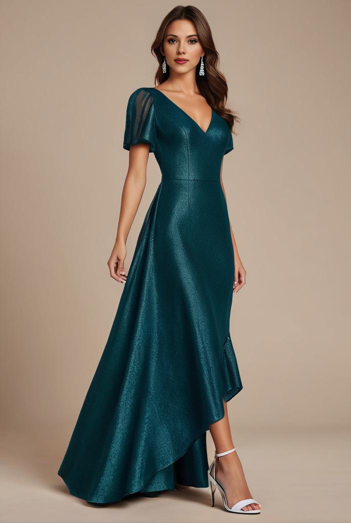 glitter high low front side slit ruffled v neck evening dress 131460