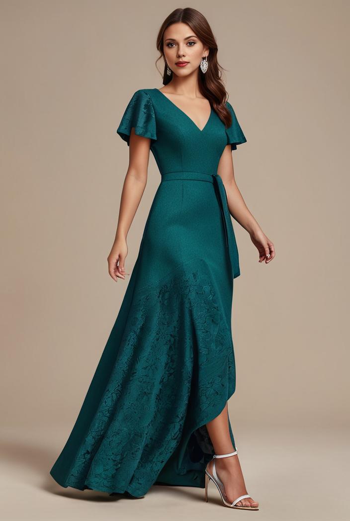 glitter high low front side slit ruffled v neck evening dress 131461