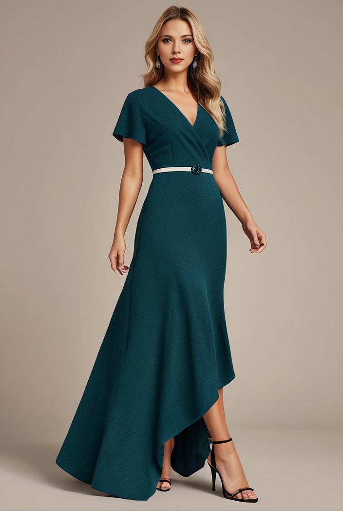 glitter high low front side slit ruffled v neck evening dress 131463
