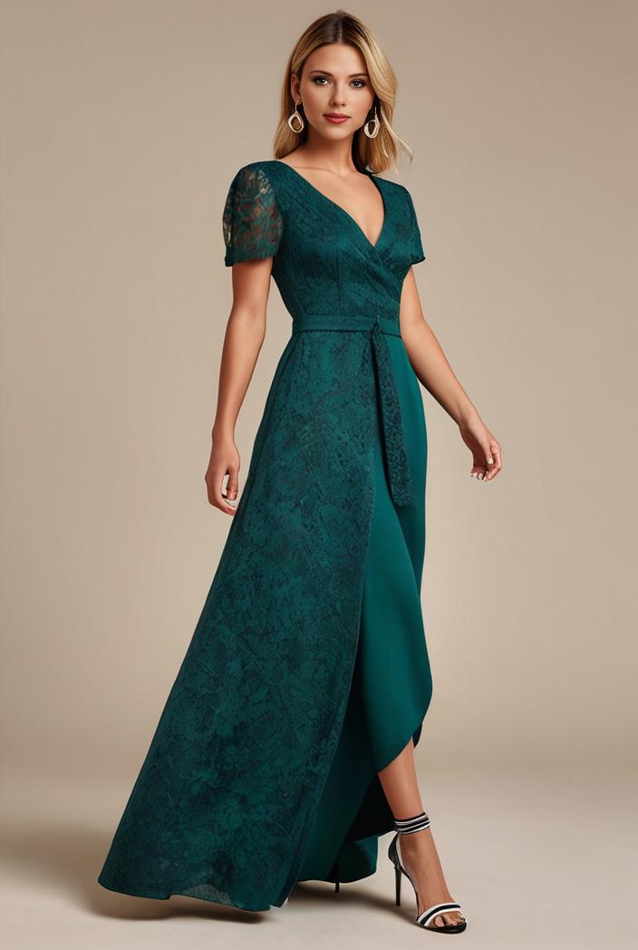 glitter high low front side slit ruffled v neck evening dress 131464