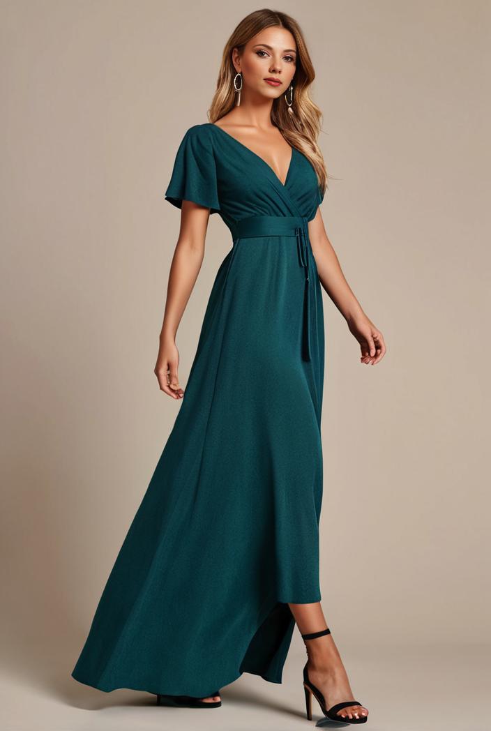 glitter high low front side slit ruffled v neck evening dress 131465
