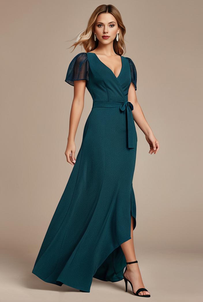 glitter high low front side slit ruffled v neck evening dress 131466