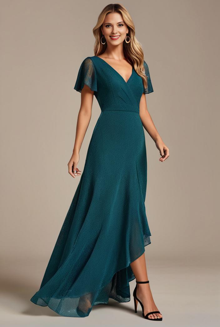 glitter high low front side slit ruffled v neck evening dress 131467