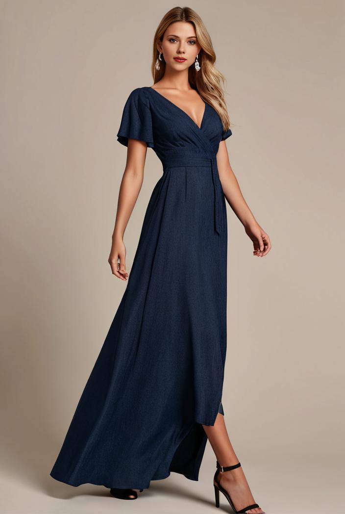 glitter high low front side slit ruffled v neck evening dress 131473