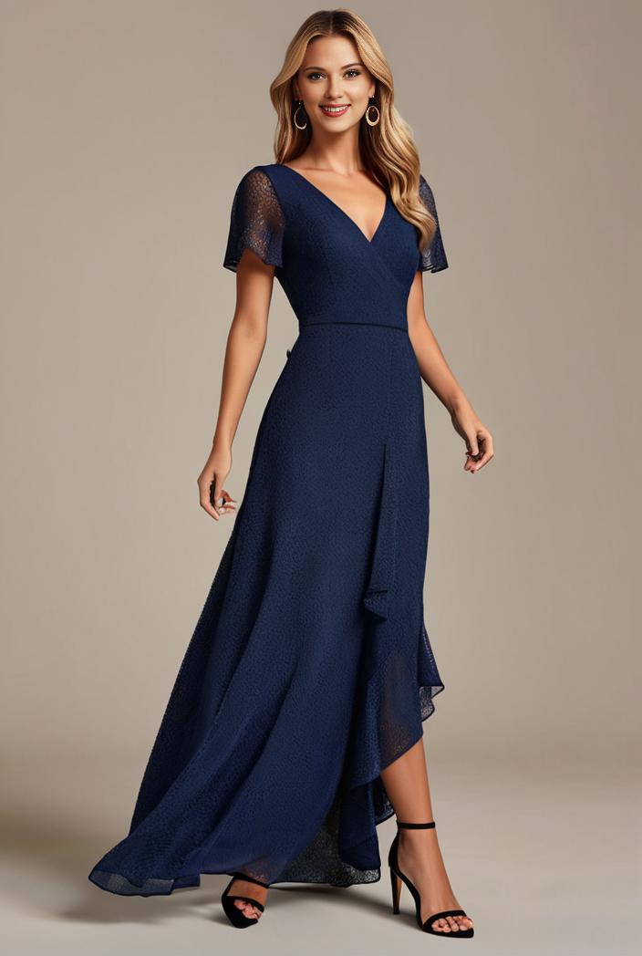 glitter high low front side slit ruffled v neck evening dress 131475