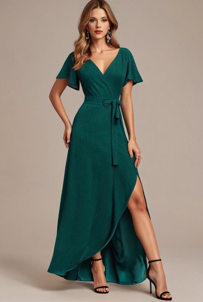 glitter high low front side slit ruffled v neck evening dress 131485