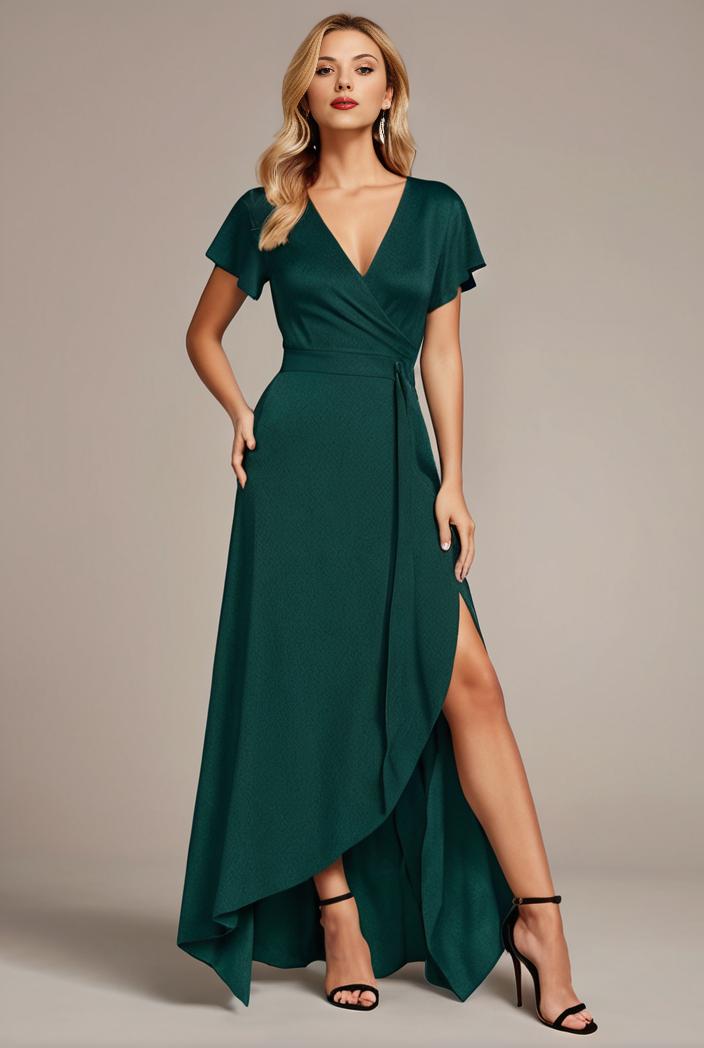 glitter high low front side slit ruffled v neck evening dress 131487