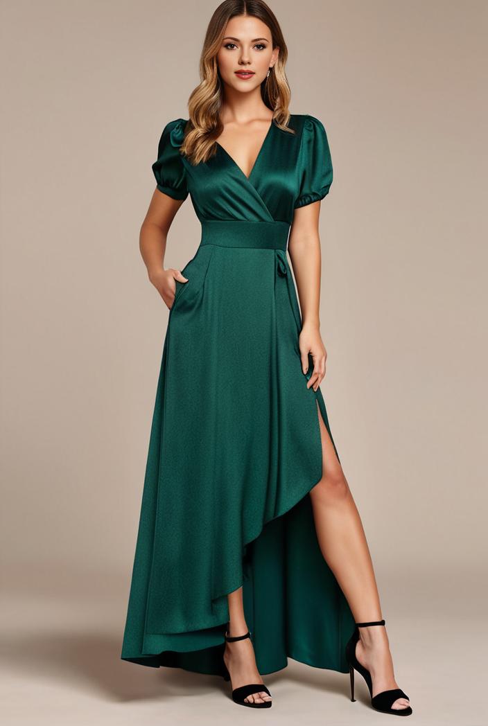 glitter high low front side slit ruffled v neck evening dress 131488