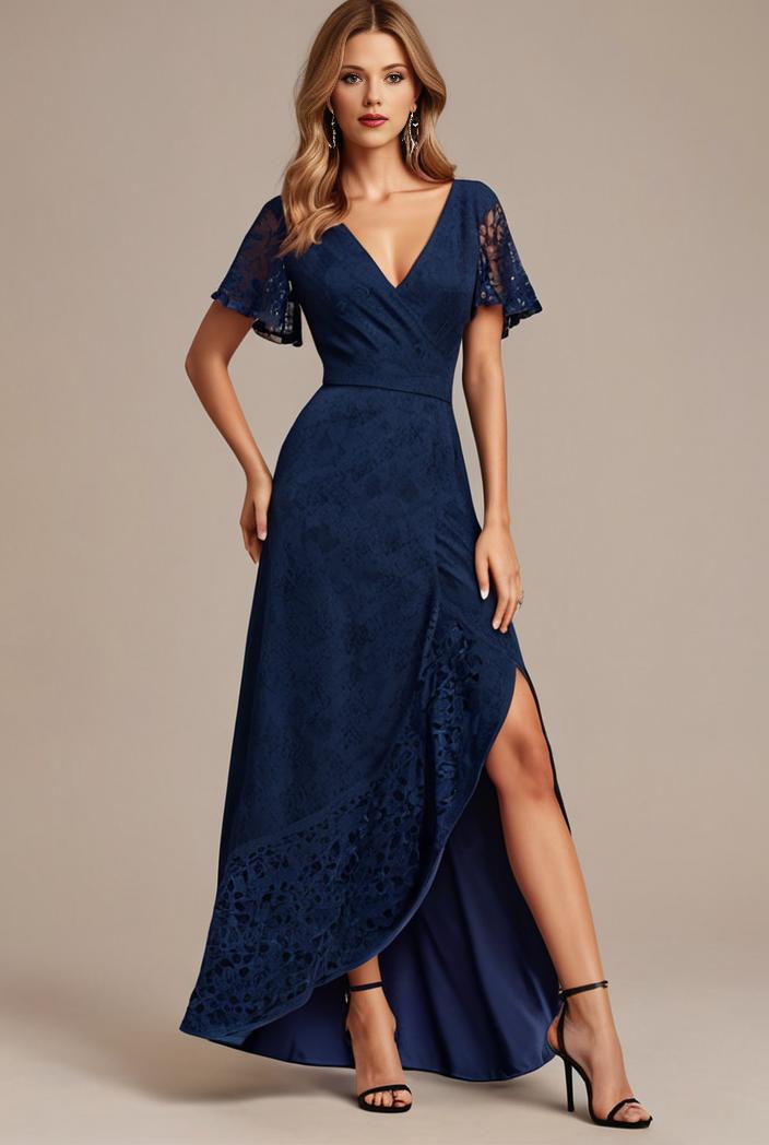 glitter high low front side slit ruffled v neck evening dress 131493