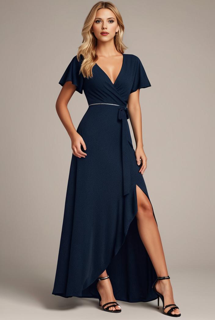 glitter high low front side slit ruffled v neck evening dress 131494
