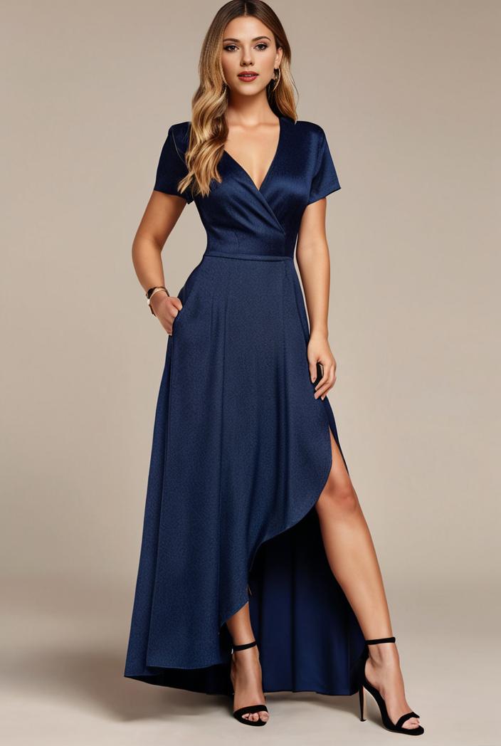 glitter high low front side slit ruffled v neck evening dress 131496