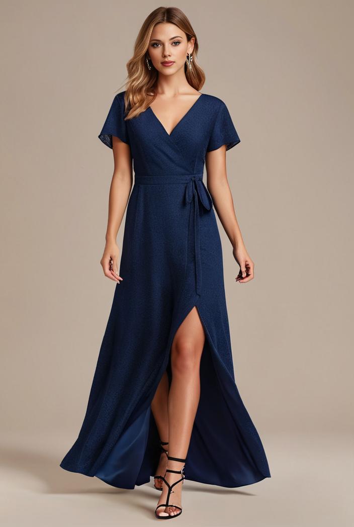 glitter high low front side slit ruffled v neck evening dress 131501