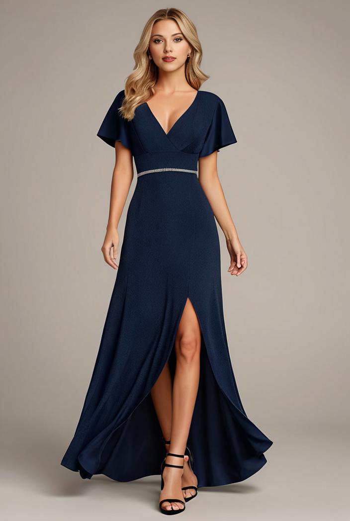 glitter high low front side slit ruffled v neck evening dress 131500