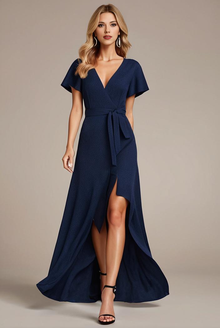 glitter high low front side slit ruffled v neck evening dress 131503