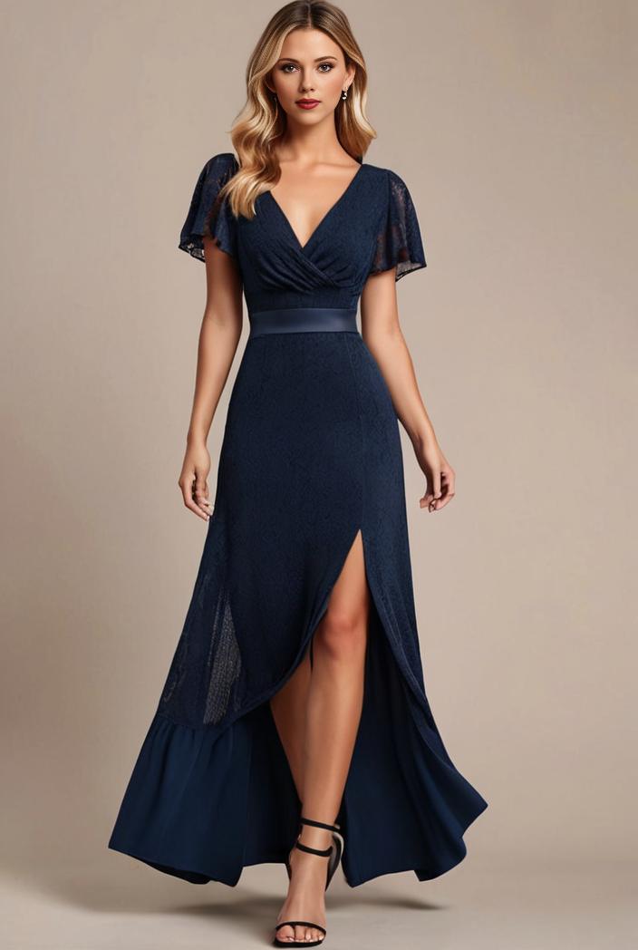 glitter high low front side slit ruffled v neck evening dress 131504