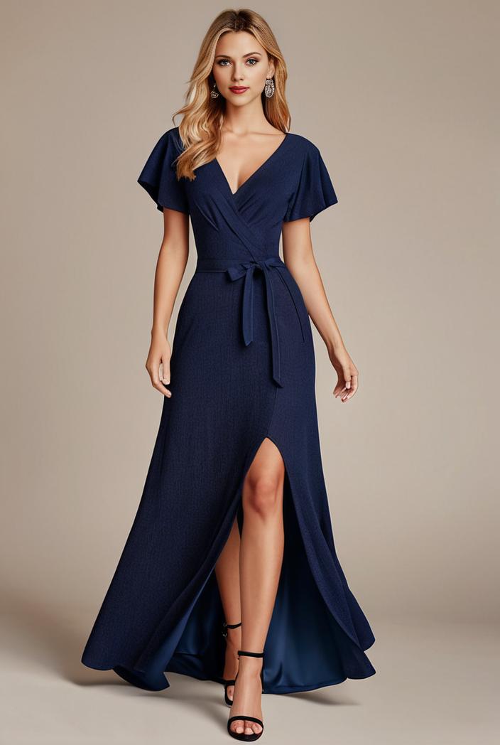 glitter high low front side slit ruffled v neck evening dress 131505