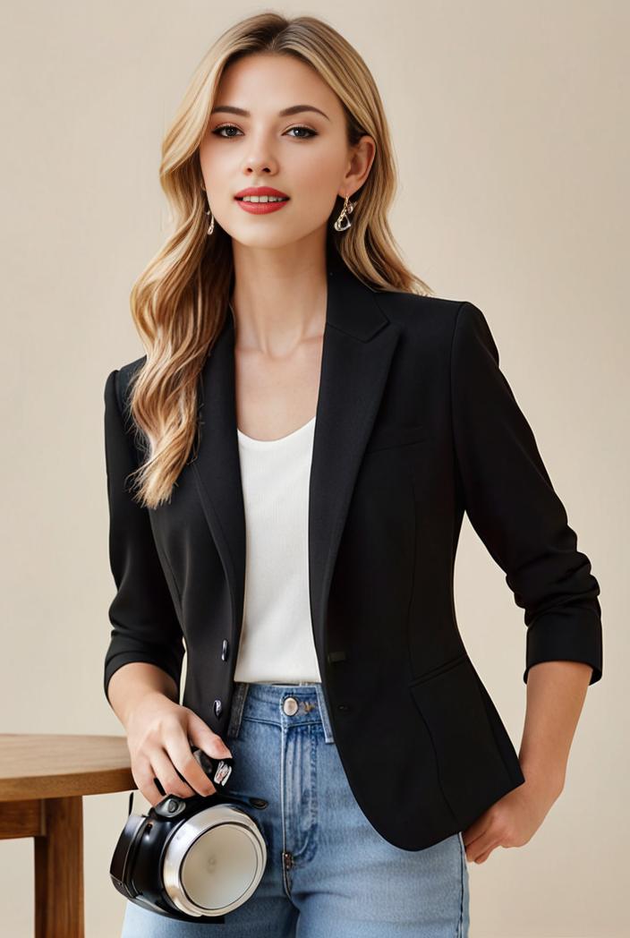 ladies solid button up blazer with long sleeves casual lapel design 108216