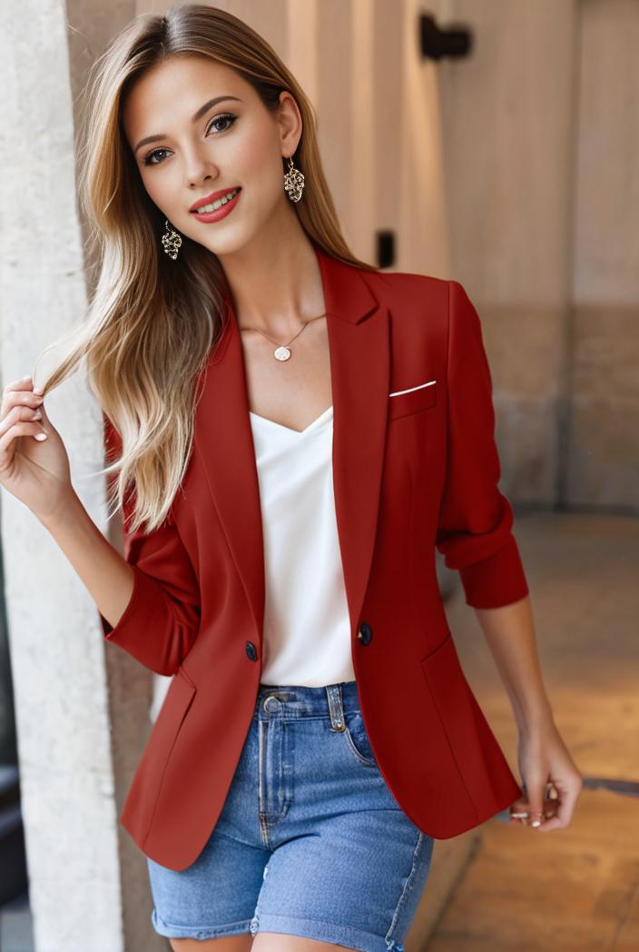 ladies solid button up blazer with long sleeves casual lapel design 108217