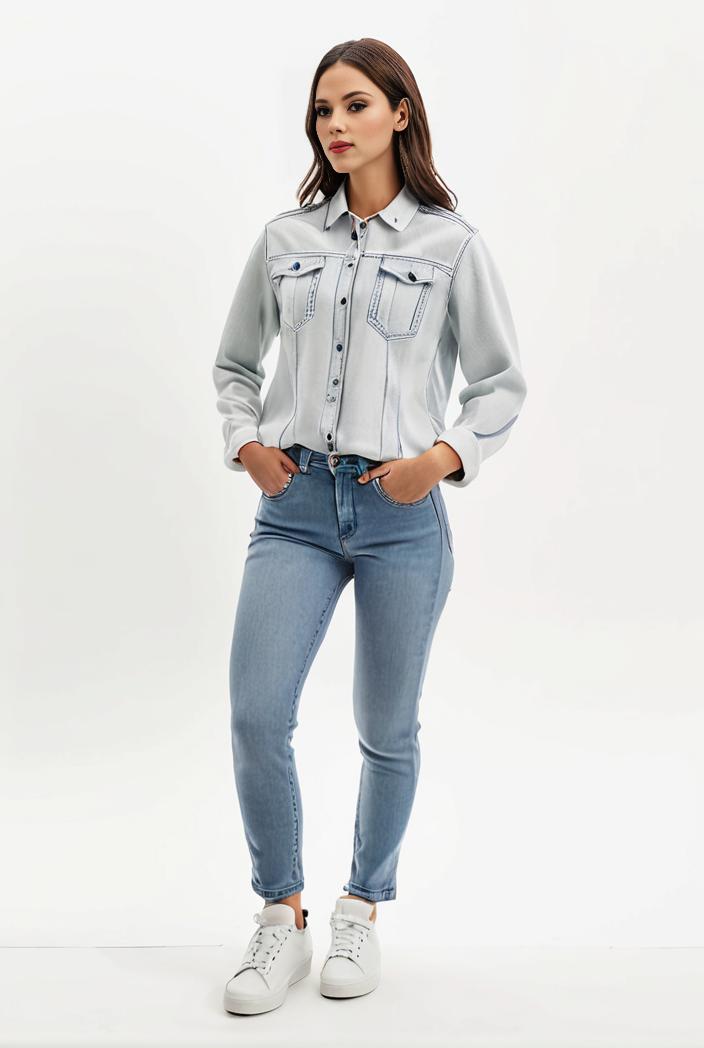 lapel denim coat with long sleeves and buttoned flap pockets stylish women s jacket 108248